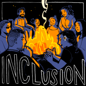 A diverse group of people sit around a campfire, engaged in meaningful conversation.